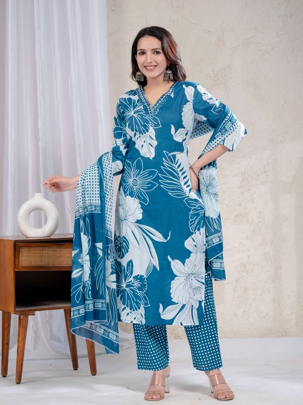 Sky_Blue_Floral_A_Line_Kurta_Trouser_Dupatta_Set_For_Women's