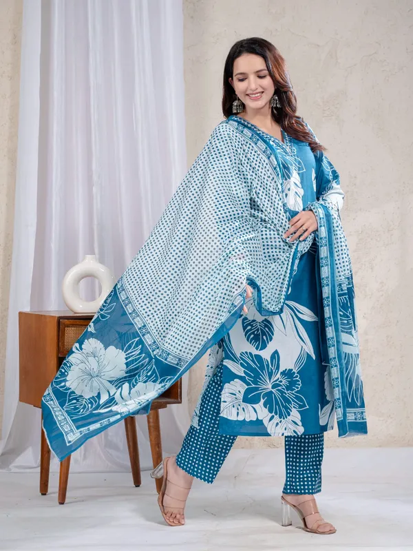 Sky_Blue_Floral_A_Line_Kurta_Trouser_Dupatta_Set_For_Women's