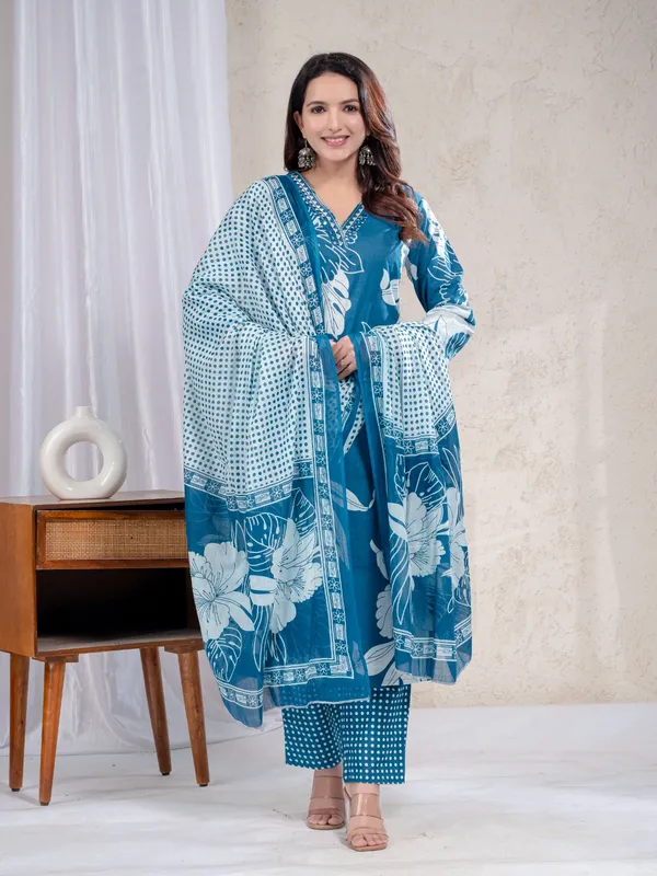 Sky_Blue_Floral_A_Line_Kurta_Trouser_Dupatta_Set_For_Women's