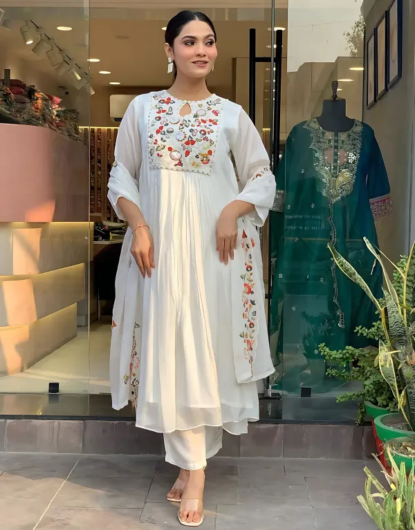 White_Pure_Cotton_Rose_Embroidered_Kurta_And_Pant_With_Dupatta_For_Women's_&_Girls