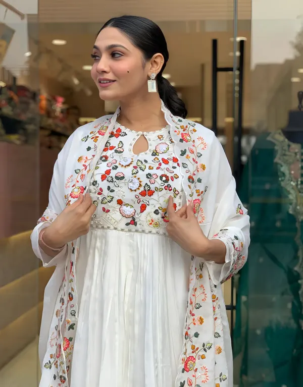 White_Pure_Cotton_Rose_Embroidered_Kurta_And_Pant_With_Dupatta_For_Women's_&_Girls
