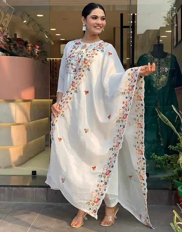 White_Pure_Cotton_Rose_Embroidered_Kurta_And_Pant_With_Dupatta_For_Women's_&_Girls