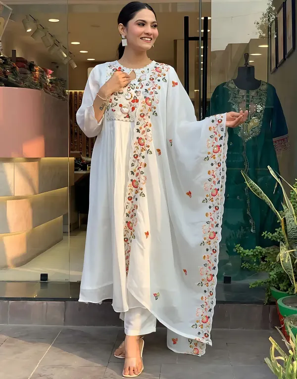 White_Pure_Cotton_Rose_Embroidered_Kurta_And_Pant_With_Dupatta_For_Women's_&_Girls