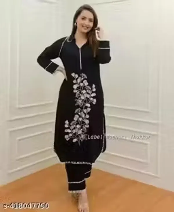 Women's__Embroidered_Black_Kurta_Pant_Set