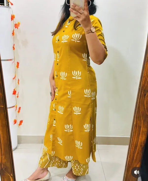 Yellow_Floral_Fine_Cotton_Kurti_Set_With_Pant_For_Women's_&_Girls