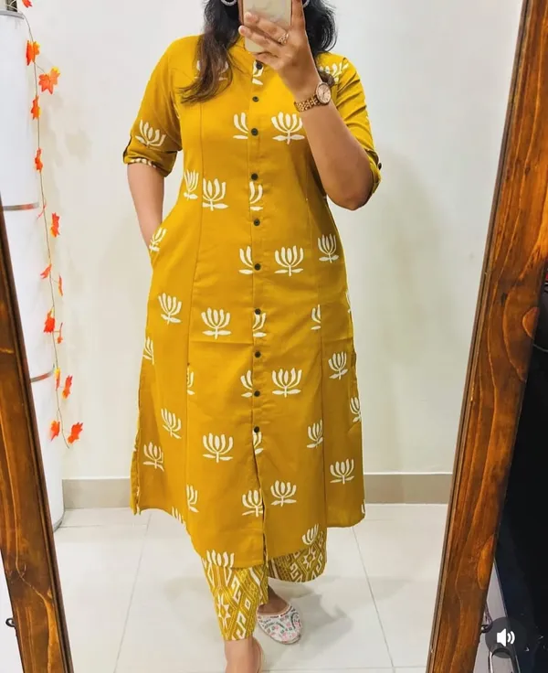 Yellow_Floral_Fine_Cotton_Kurti_Set_With_Pant_For_Women's_&_Girls