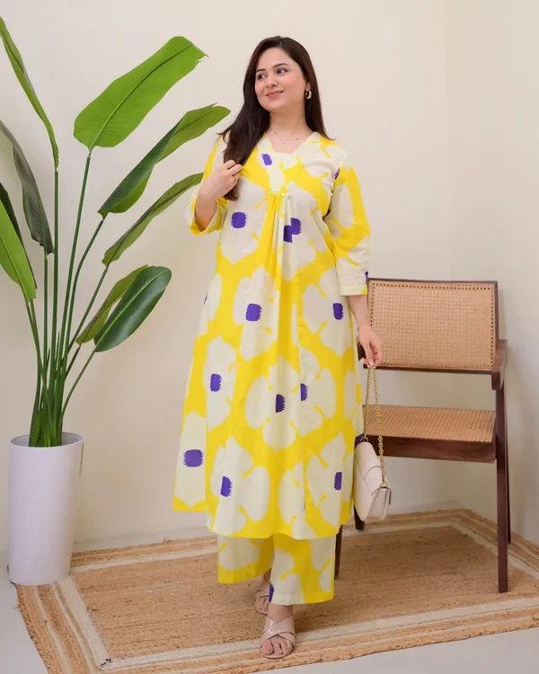 Yellow_Purple_Cotton_A_Line_Kurta_Palazzo_Set_For_Women's