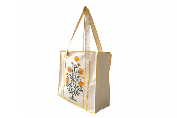 Yellow_Cotton_Hand_Block_Printed_Flowers_Tote_Bag