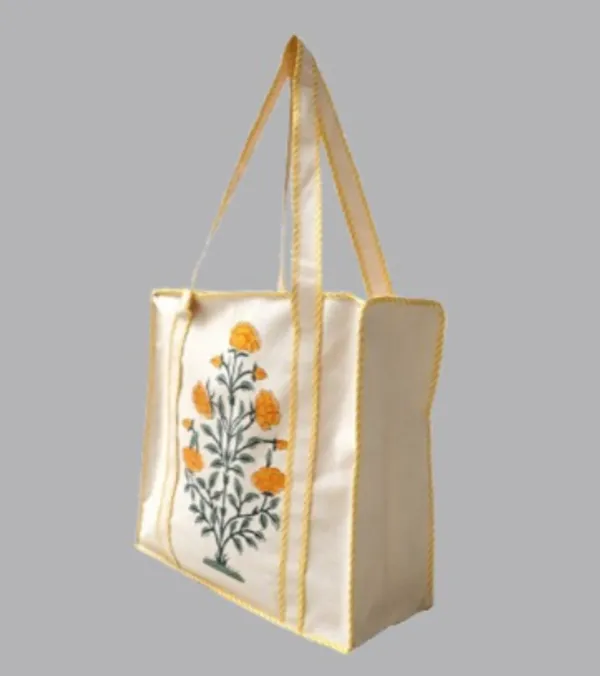 Yellow_Cotton_Hand_Block_Printed_Flowers_Tote_Bag