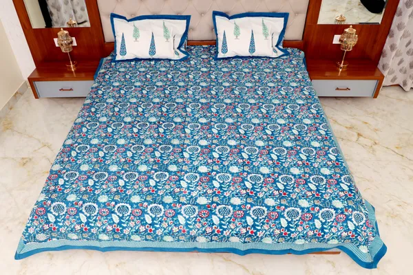 Hand_Block_Printed_Cotton_Bedsheet_–_Blue_Floral_King_Size_Bedsheet_with_Pillow_Covers_|_Soft_Breathable_Summer_Bedding_|_Traditional_Indian_Handmade_Bed_Linen