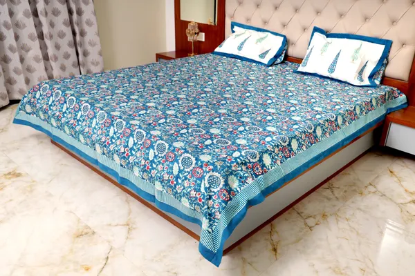 Hand_Block_Printed_Cotton_Bedsheet_–_Blue_Floral_King_Size_Bedsheet_with_Pillow_Covers_|_Soft_Breathable_Summer_Bedding_|_Traditional_Indian_Handmade_Bed_Linen