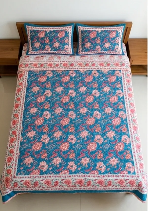 Blue_Cotton_Hand_Block_Printed_Leaves_Dohar_(Single_and_Double)