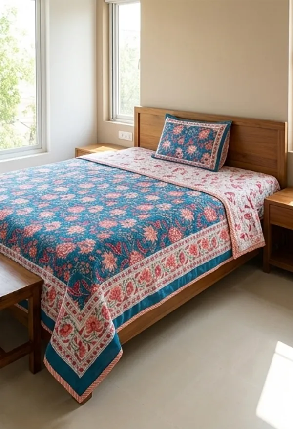 Blue_Cotton_Hand_Block_Printed_Leaves_Dohar_(Single_and_Double)