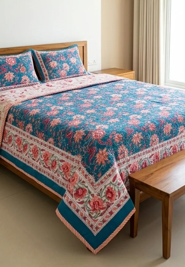 Blue_Cotton_Hand_Block_Printed_Leaves_Dohar_(Single_and_Double)