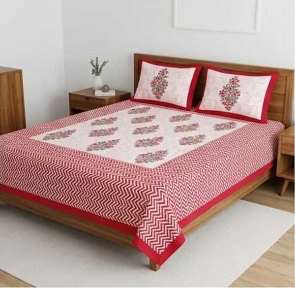 Red_Cotton_Hand_Block_Printed_Flower_&_Leaves_Bedsheet_300TC_(_90_X_108_)_Inch