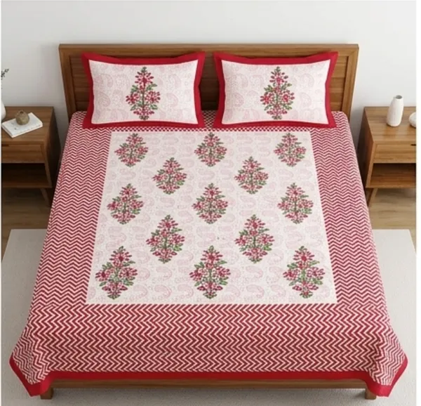 Red_Cotton_Hand_Block_Printed_Flower_&_Leaves_Bedsheet_300TC_(_90_X_108_)_Inch