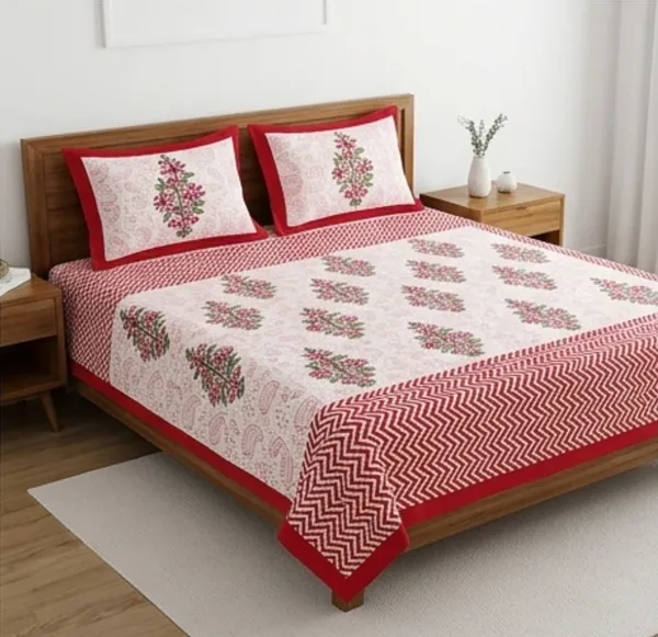 Red_Cotton_Hand_Block_Printed_Flower_&_Leaves_Bedsheet_300TC_(_90_X_108_)_Inch