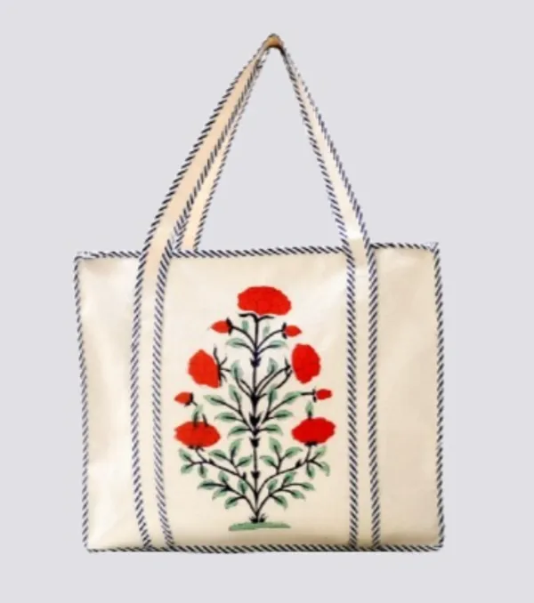 Orange_Cotton_Hand_Block_Printed_Flowers_Tote_Bag