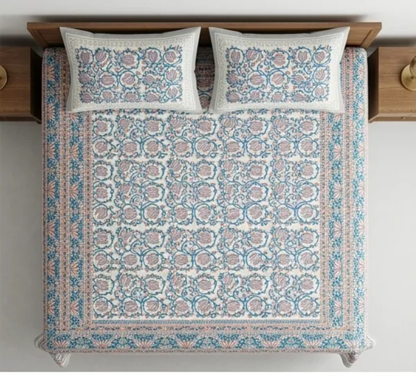 Hand_Block_Printed_Cotton_Double_Bedsheet_Floral_Design_with_Pillow_Covers_|_Jaipuri_Cotton_Bedspread