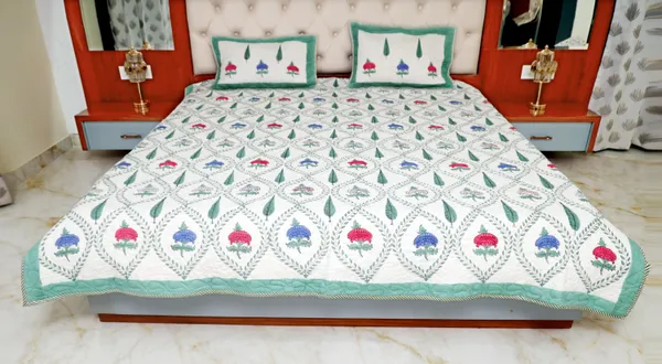 Green_Cotton_Hand_Block_Printed_Leaves_&_Roses_Comforter_(Queen_Size)