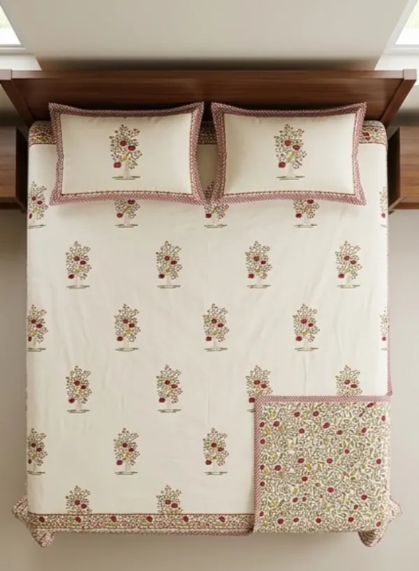 White_Floral_Cotton_Hand_Block_Printed_Leaves_Dohar_(Queen_Size_and_Single)