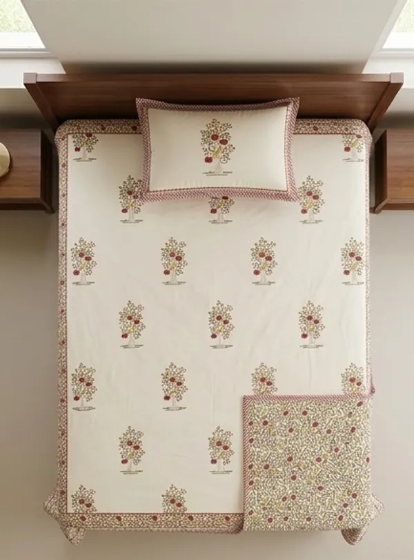 White_Floral_Cotton_Hand_Block_Printed_Leaves_Dohar_(Queen_Size_and_Single)