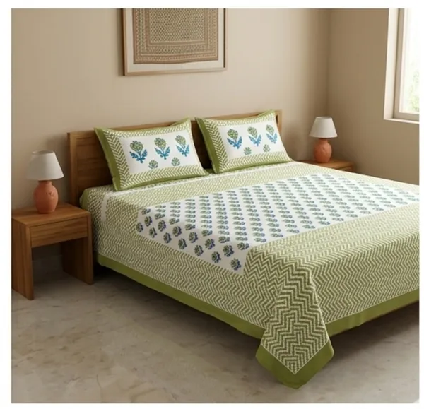 Green_&_White_Cotton_Hand_Block_Printed_Floral_Bedsheet_300TC_(Queen_Size)