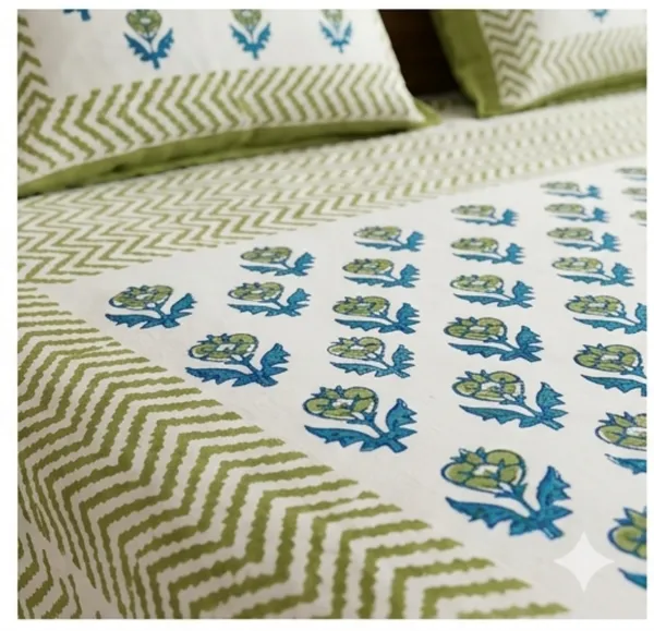 Green_&_White_Cotton_Hand_Block_Printed_Floral_Bedsheet_300TC_(Queen_Size)