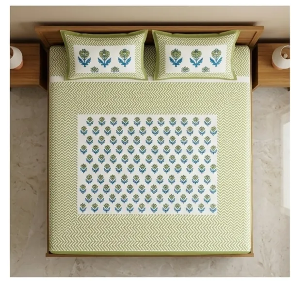 Green_&_White_Cotton_Hand_Block_Printed_Floral_Bedsheet_300TC_(Queen_Size)