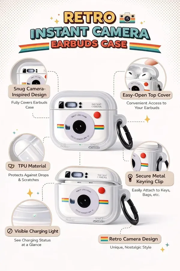 Clothemyphone_Instant_Camera_Compatible_with_AirPods_Pro_3_Case_Cover_|_White_Retro_Camera_Design_with_Rainbow_Stripe_|_Protective_Silicone_Case_with_Carabiner