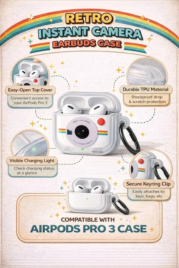 Clothemyphone_Instant_Camera_Compatible_with_AirPods_Pro_3_Case_Cover_|_White_Retro_Camera_Design_with_Rainbow_Stripe_|_Protective_Silicone_Case_with_Carabiner