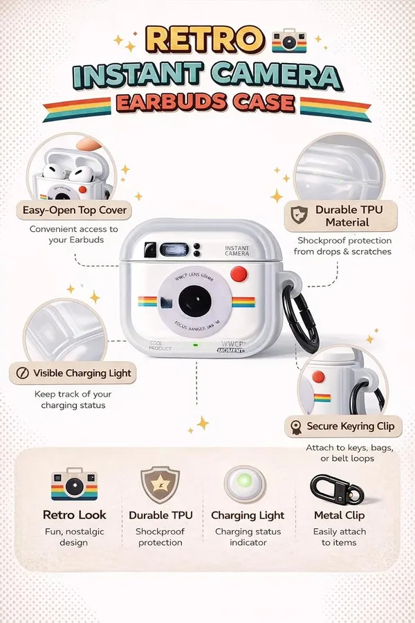Clothemyphone_Instant_Camera_Compatible_with_AirPods_Pro_Case_Cover_|_White_Retro_Camera_Design_with_Rainbow_Stripe_|_Protective_Silicone_Case_with_Carabiner