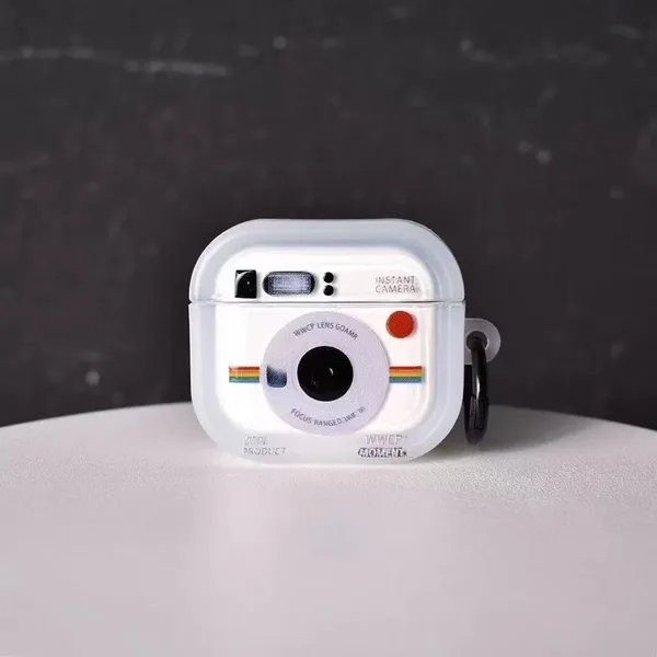 Clothemyphone_Instant_Camera_Compatible_with_AirPods_Pro_Case_Cover_|_White_Retro_Camera_Design_with_Rainbow_Stripe_|_Protective_Silicone_Case_with_Carabiner