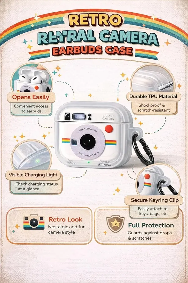 Clothemyphone_Instant_Camera_Compatible_with_AirPods_Pro_Case_Cover_|_White_Retro_Camera_Design_with_Rainbow_Stripe_|_Protective_Silicone_Case_with_Carabiner