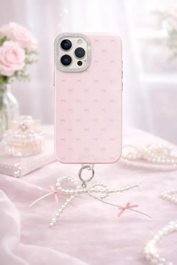 Clothemyphone_Lovely_Phone_Case_|_Pink_Bow_Pattern_with_Glitter_Camera_Bezel_|_Pearl_Chain_Strap_(iPhone_16_Pro)