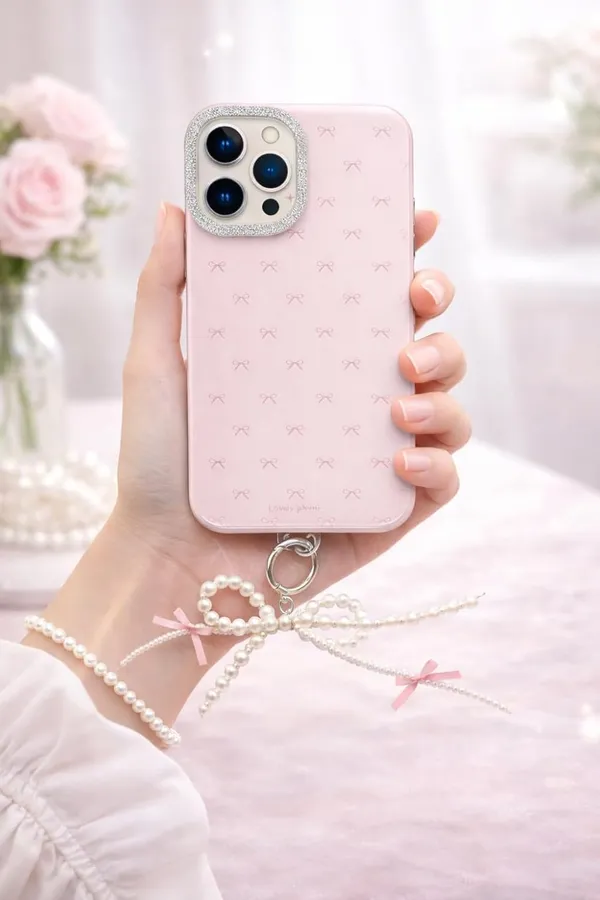 Clothemyphone_Lovely_Phone_Case_|_Pink_Bow_Pattern_with_Glitter_Camera_Bezel_|_Pearl_Chain_Strap_(iPhone_17_Pro_Max)