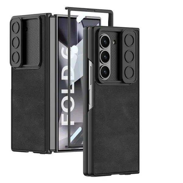 Black_Leather_Texture_Back_Cover_Compatible_With_Samsung_Z_Fold_6_Matte_Shockproof_Case_Slim_Hinge_Protection_With_Sliding_Camera_Cover_Faux_Leather_Design
