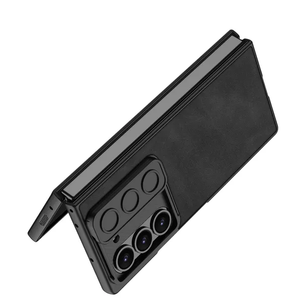 Black_Leather_Texture_Back_Cover_Compatible_With_Samsung_Z_Fold_6_Matte_Shockproof_Case_Slim_Hinge_Protection_With_Sliding_Camera_Cover_Faux_Leather_Design