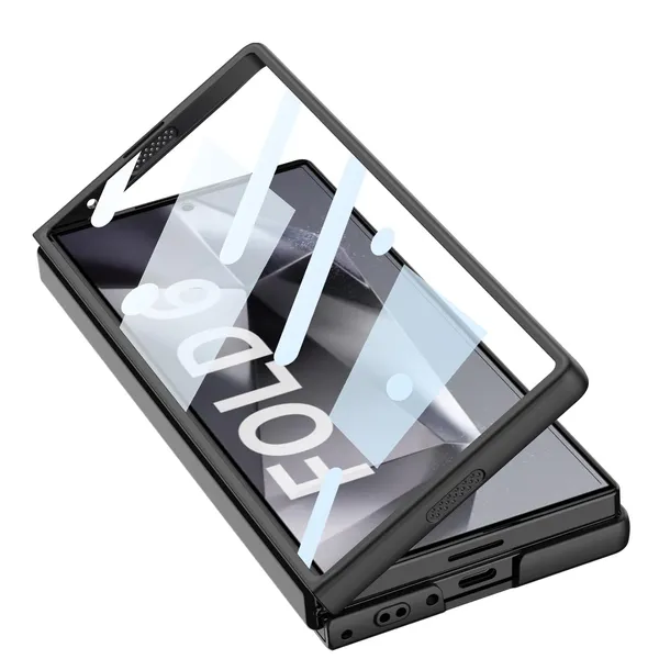 Black_Leather_Texture_Back_Cover_Compatible_With_Samsung_Z_Fold_6_Matte_Shockproof_Case_Slim_Hinge_Protection_With_Sliding_Camera_Cover_Faux_Leather_Design