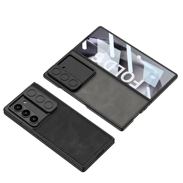 Black_Leather_Texture_Back_Cover_Compatible_With_Samsung_Z_Fold_6_Matte_Shockproof_Case_Slim_Hinge_Protection_With_Sliding_Camera_Cover_Faux_Leather_Design