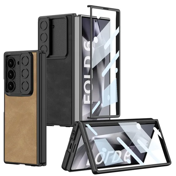 Black_Leather_Texture_Back_Cover_Compatible_With_Samsung_Z_Fold_6_Matte_Shockproof_Case_Slim_Hinge_Protection_With_Sliding_Camera_Cover_Faux_Leather_Design