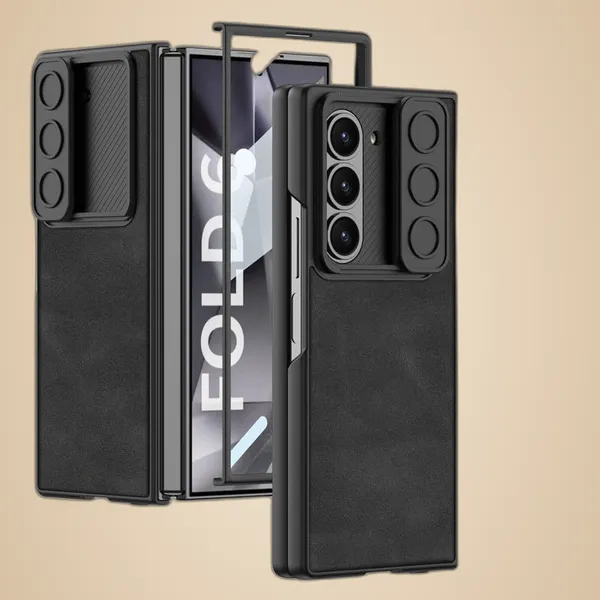 Black_Leather_Texture_Back_Cover_Compatible_With_Samsung_Z_Fold_6_Matte_Shockproof_Case_Slim_Hinge_Protection_With_Sliding_Camera_Cover_Faux_Leather_Design