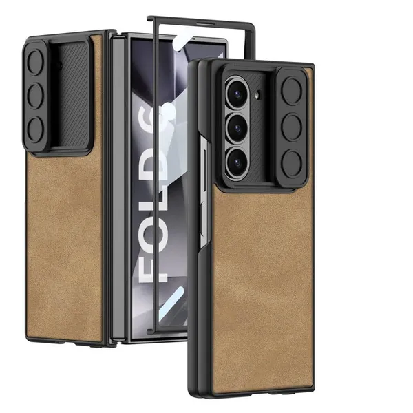 Brown_Leather_Texture_Phone_Case_Compatible_With_Samsung_Z_Fold_6_Tan_Foldable_Shockproof_Case_Faux_Leather_Slim_Back_Cover_With_Camera_Cover_&_Hinge_Guard
