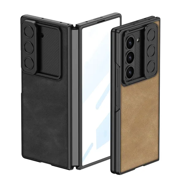 Brown_Leather_Texture_Phone_Case_Compatible_With_Samsung_Z_Fold_6_Tan_Foldable_Shockproof_Case_Faux_Leather_Slim_Back_Cover_With_Camera_Cover_&_Hinge_Guard