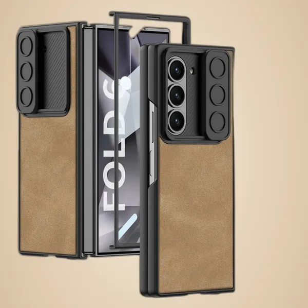 Brown_Leather_Texture_Phone_Case_Compatible_With_Samsung_Z_Fold_6_Tan_Foldable_Shockproof_Case_Faux_Leather_Slim_Back_Cover_With_Camera_Cover_&_Hinge_Guard