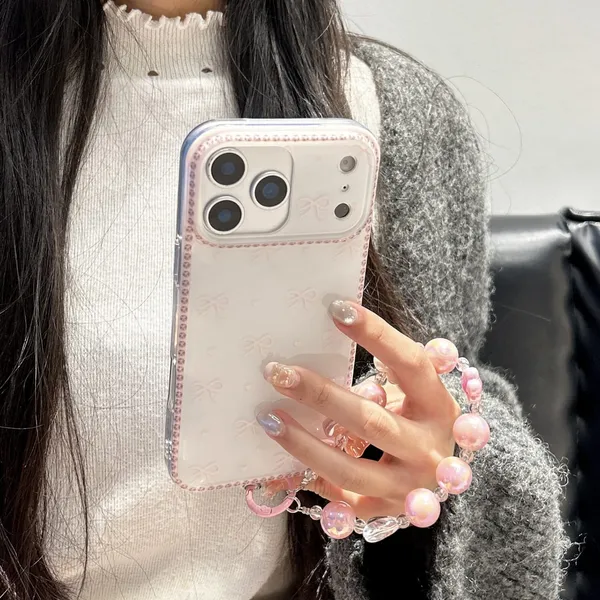 Clear_Case,_Cute_Bow_Love_Heart_Pattern_Transparent_Ribbon_Design_with_Charms_Chain_Bracelet,_Stylish_Slim_Shockproof_TPU_Protective_Cover_for_Women_Girls_6.1"-_Pink