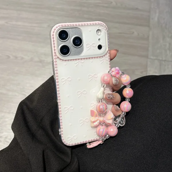 Clear_Case,_Cute_Bow_Love_Heart_Pattern_Transparent_Ribbon_Design_with_Charms_Chain_Bracelet,_Stylish_Slim_Shockproof_TPU_Protective_Cover_for_Women_Girls_6.1"-_Pink