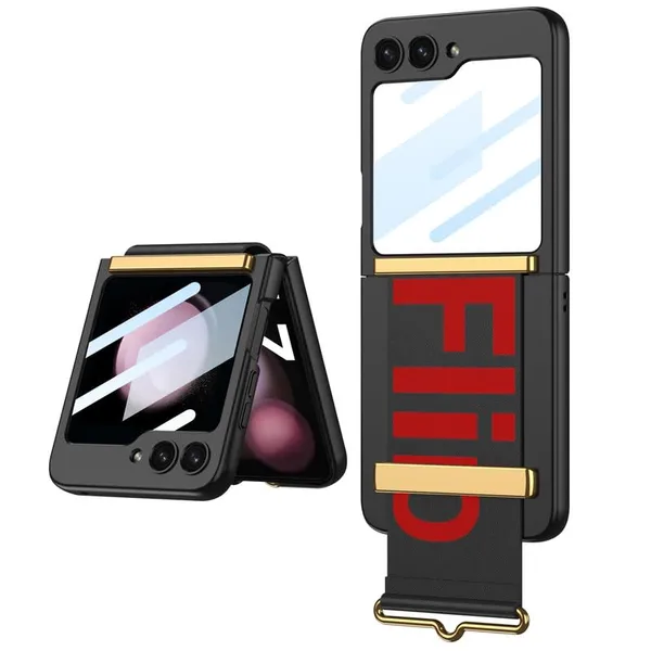 Black_Ultrathin_Pc_Wristband_Case_With_Glass_Flip_5_Compatible_Shockproof_&_Scratch_Resistant_Case_Stylish_Design_With_Slim_Durable_Protection_Samsung_Flip_5