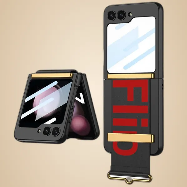 Black_Ultrathin_Pc_Wristband_Case_With_Glass_Flip_5_Compatible_Shockproof_&_Scratch_Resistant_Case_Stylish_Design_With_Slim_Durable_Protection_Samsung_Flip_5