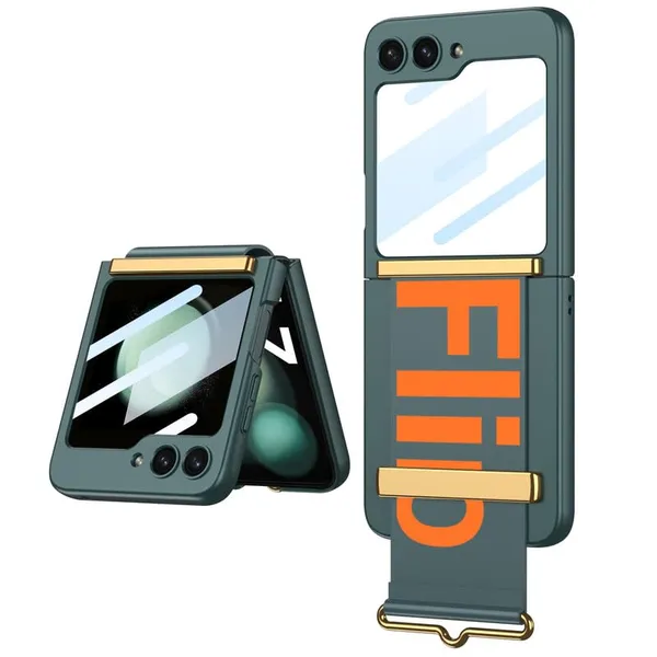 Gray_Green_Ultrathin_Pc_Wristband_Case_With_Glass_Protective_Flip_5_Cover_Shockproof_&_Scratch_Resistant_Hard_Case_Sleek_Look_With_Durable_Hinge_Shield_Samsung_Flip_5